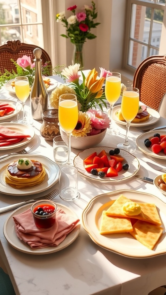 Creative Brunch Name Ideas A vibrant brunch table with pancakes, fruits, and mimosas, set for a cheerful gathering.